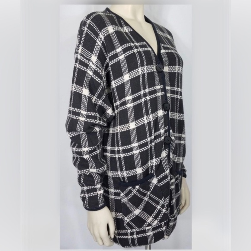 Diane Von Furstenberg Vintage Cotton Gray~White Plaid Button Cardigan Sweater 2X